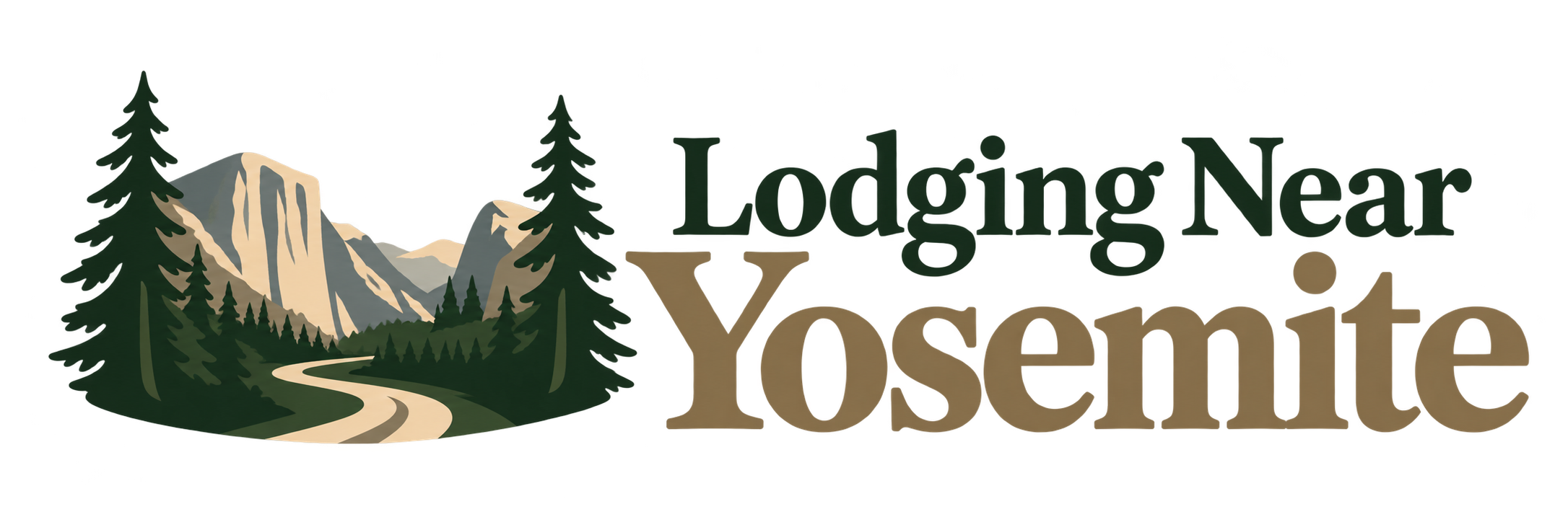 Lodging Near Yosemite logo with granite cliffs, pine trees, and a winding road