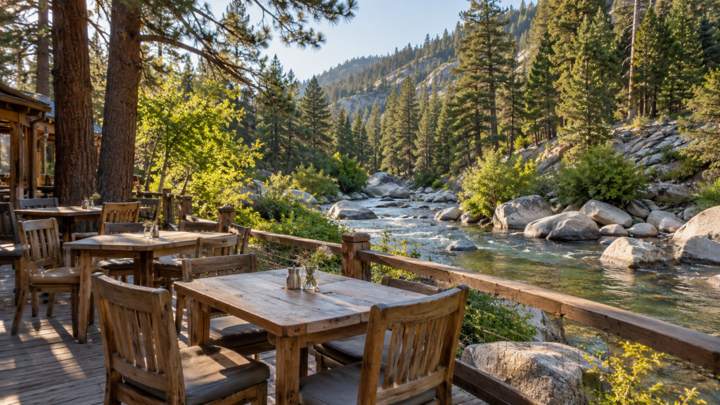 Beautiful Restaurants with a View Near Yosemite AI-generated scene of rustic dining tables beside a granite-lined river in a Sierra Nevada pine forest