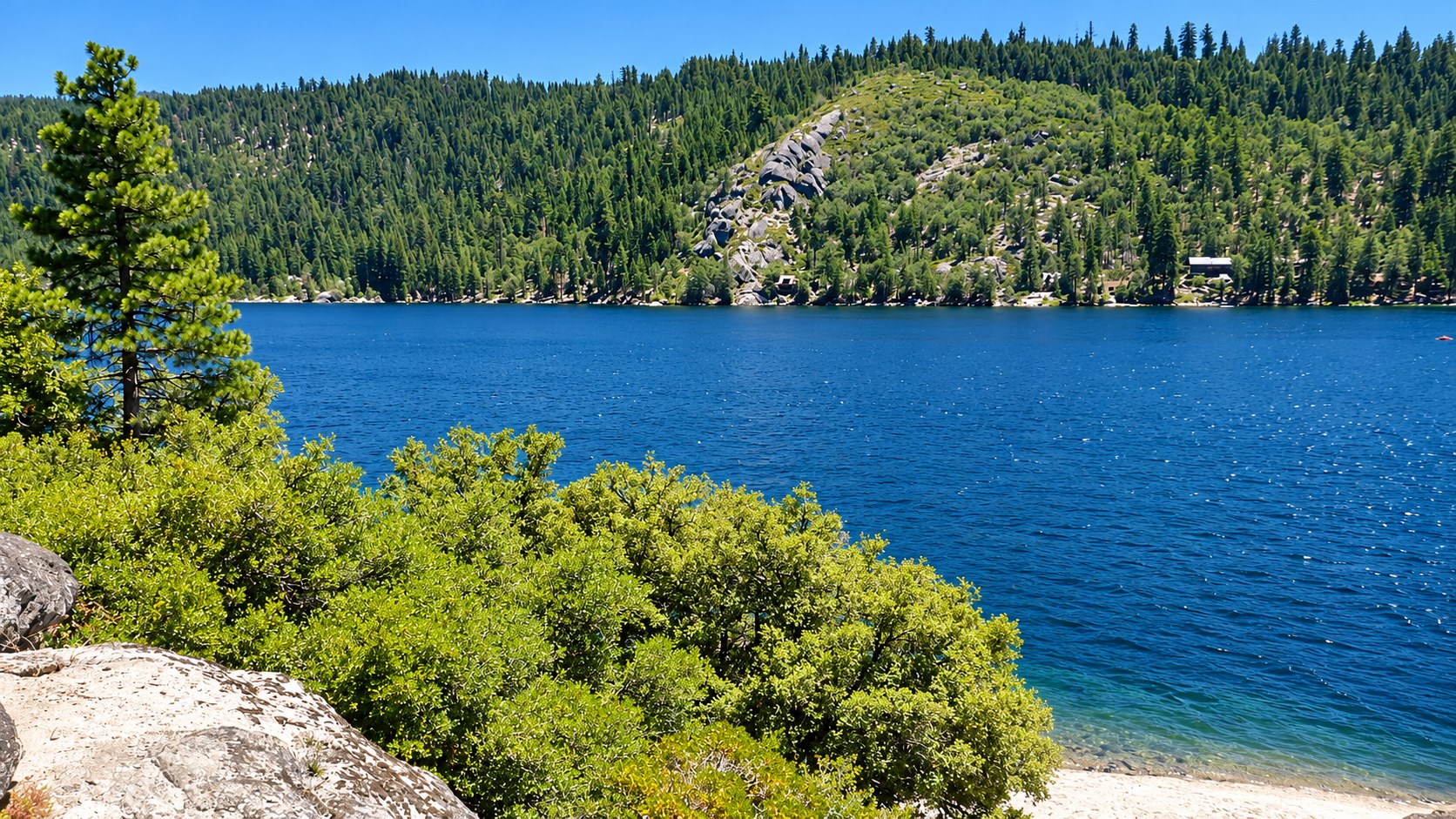 Pinecrest Lake with blue water and a pine-covered shoreline, enhanced for light, color and clarity