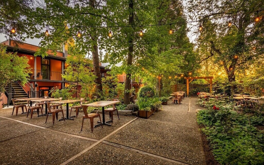 An outdoor patio area with tables and chairs, surrounded by trees and plants, and string lights hanging overhead. - The Groveland Hotel (Groveland)